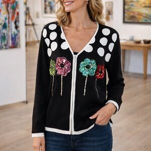 Elegant Black Cardigan with Floral Sequin Design